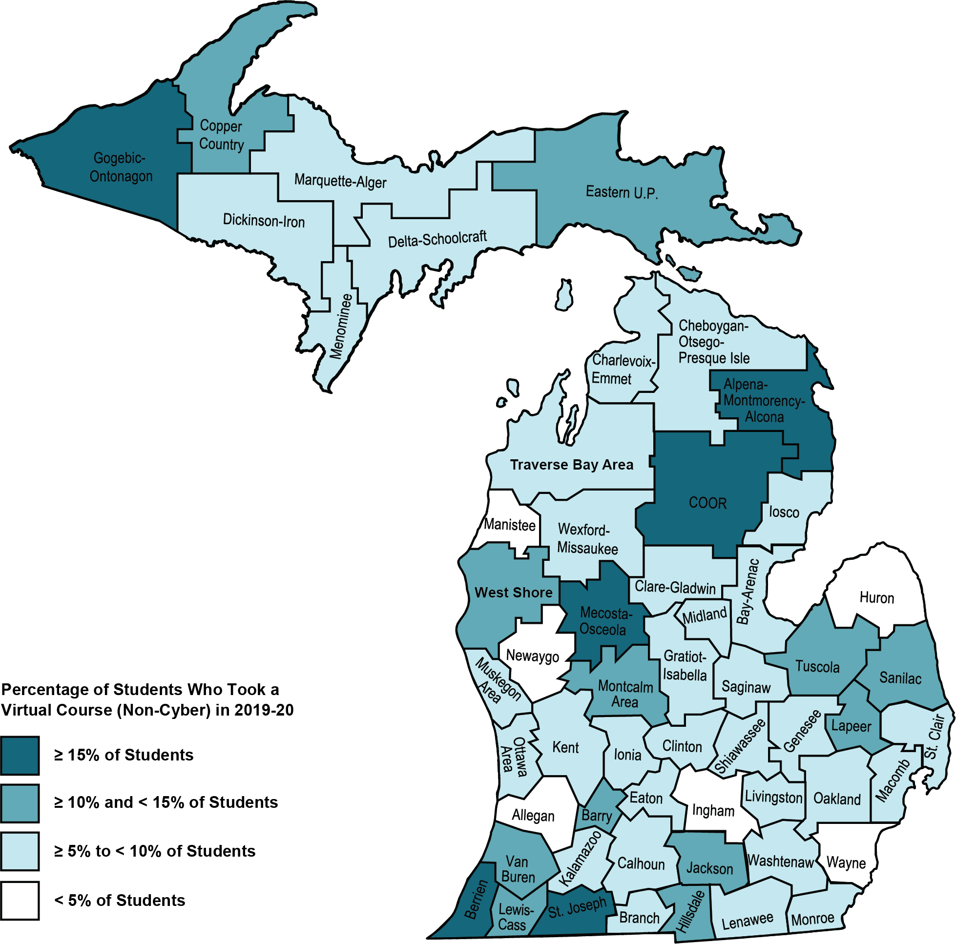 Map shows Michigan ISDs colored by the percentage of students who took at least one virtual courses. All but six ISDs have some color of blue meaning they have at least 5% of more of their students taking a virtual course (non-cyber) in 2019-20. In contrast, 18 ISDs had 10% or more of its students with virtual enrollments; see the preceding paragraph for more detail.