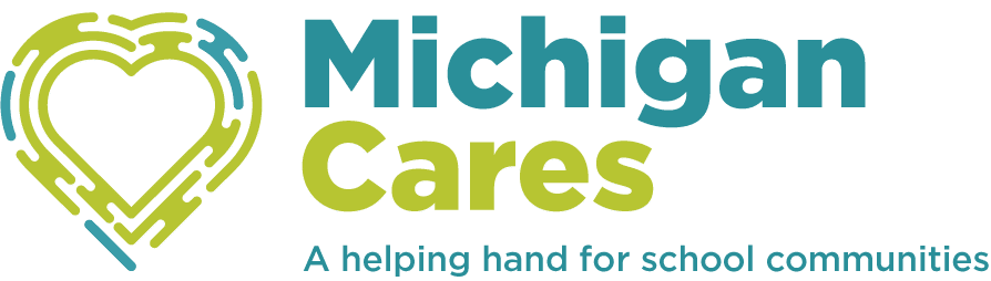 Lime green and teal broken lines that make a heart. To the right there is  teal text that says Michigan Cares: A helping hand for school communities