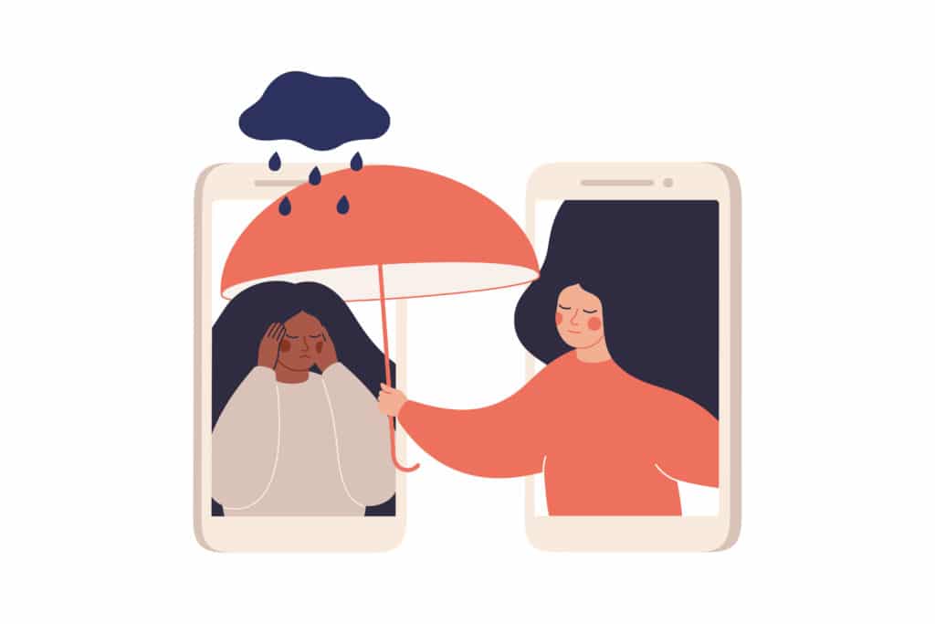 Illustration of two women. One depicts sadness and the other is holding an umbrella over her. Both are shown as images within cell phones, depicting that their connection is virtual. A navy blue rain cloud appears over the sad woman's head. 