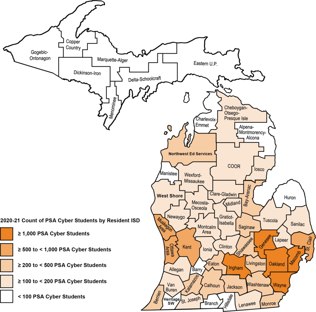 Map shows Michigan ISDs colored by the percentage of PSA cyber students by resident ISD. The majority of counties are white meaning they have less than 100 PSA cyber students in 2020-21. Counties with the highest percentage include Genesee, Ingham, Macomb, Oakland, and Wayne counties.