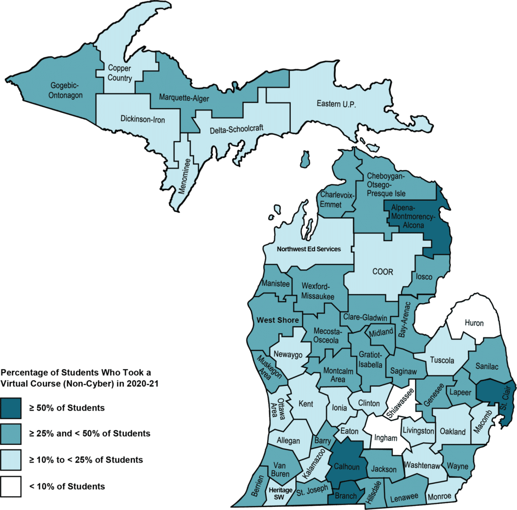 Map shows Michigan ISDs colored by the percentage of students who took at least one virtual course. All but three ISDs have some color of blue meaning they have at least 10% or more of their students taking a virtual course (non-cyber) in 2020-21. In contrast, 31 ISDs had 25% or more of its students with virtual enrollments; see the preceding paragraph for more detail.