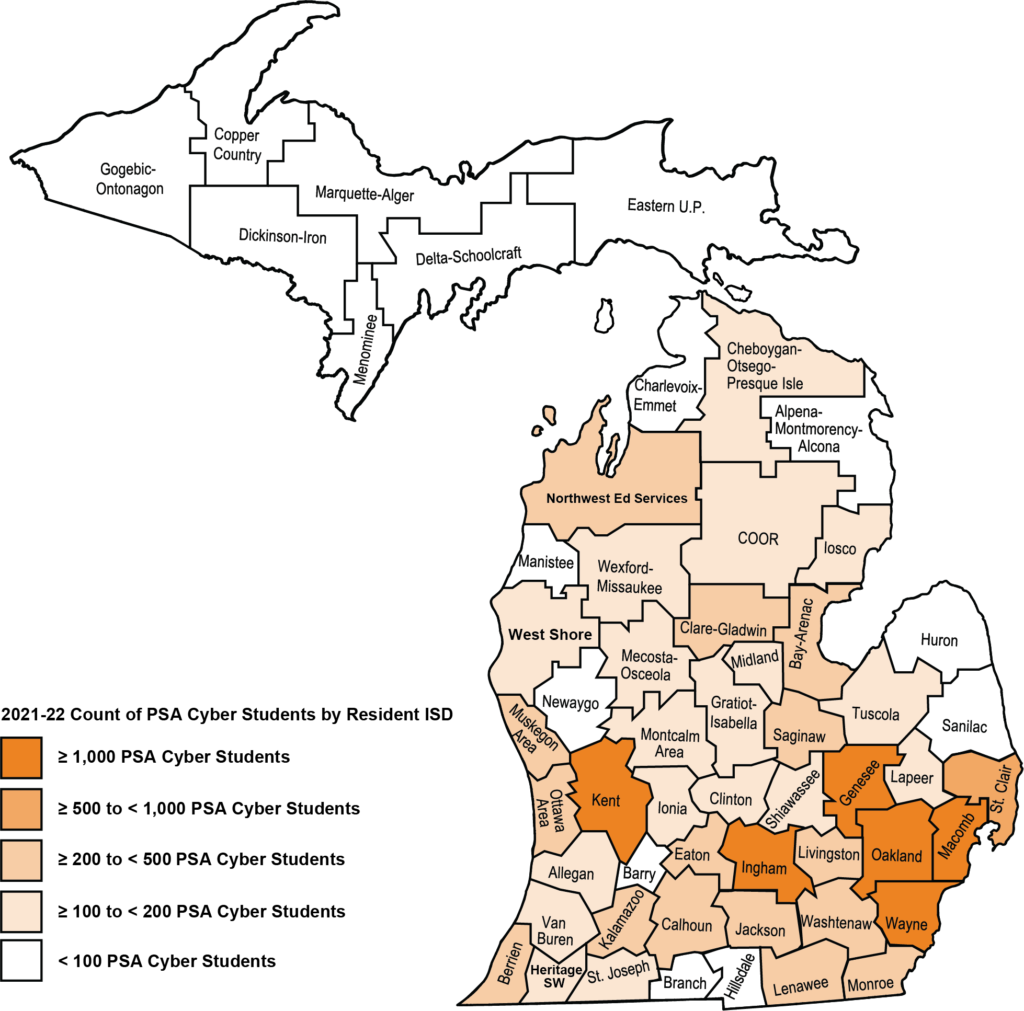 Map shows Michigan ISDs colored by the percentage of PSA cyber students by resident ISD. The majority of counties have less than 100 resident students who attend a PSA Cyber school. Counties with the highest percentage include Genesee, Ingham, Kent, Macomb, Oakland, and Wayne counties.