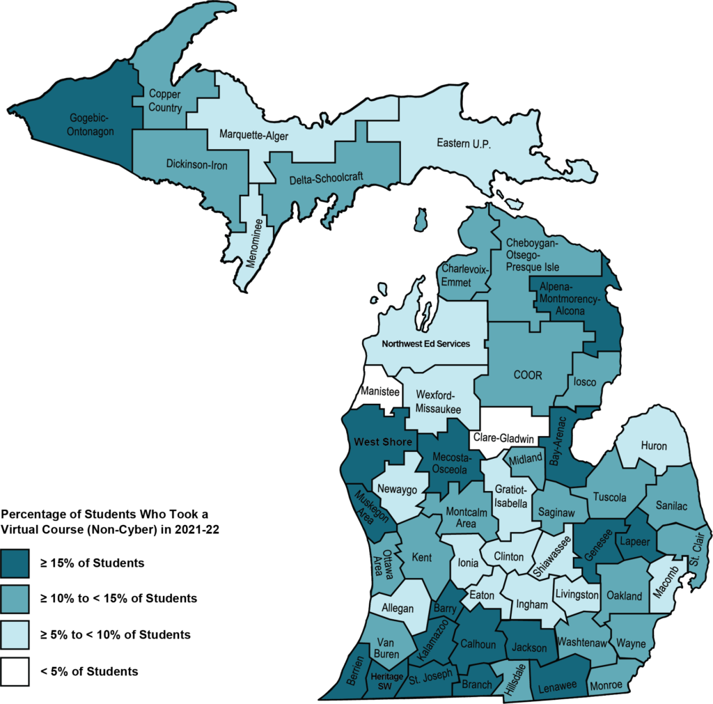 Map shows Michigan ISDs colored by the percentage of students who took at least one virtual course. All but two ISDs have some color of blue meaning they had at least 5% or more of their students take a virtual course (non-cyber) in 2021-22. In contrast, 17 ISDs had 15% or more of its students with virtual enrollments; see the preceding paragraph for more detail.