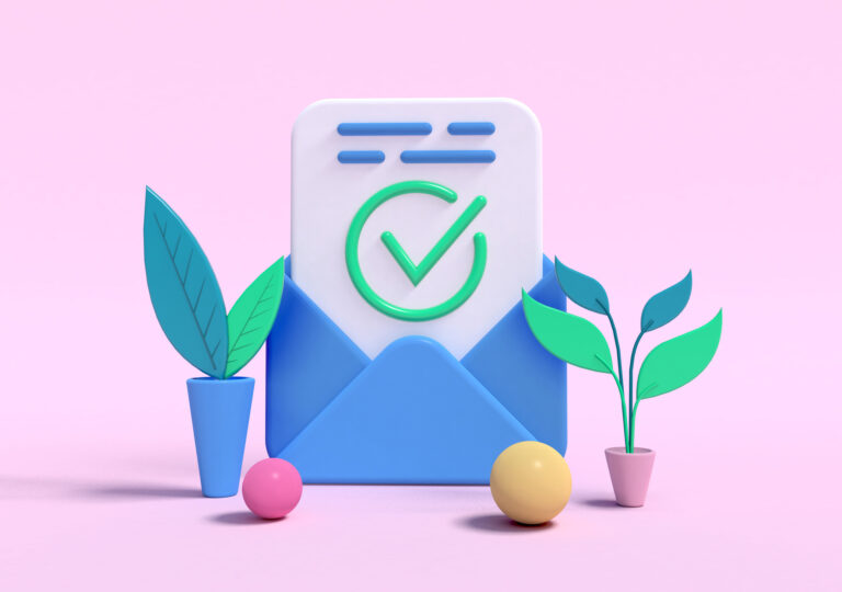 Digital illustration of a letter in an envelope marked with a green checkmark against a pink backdrop.