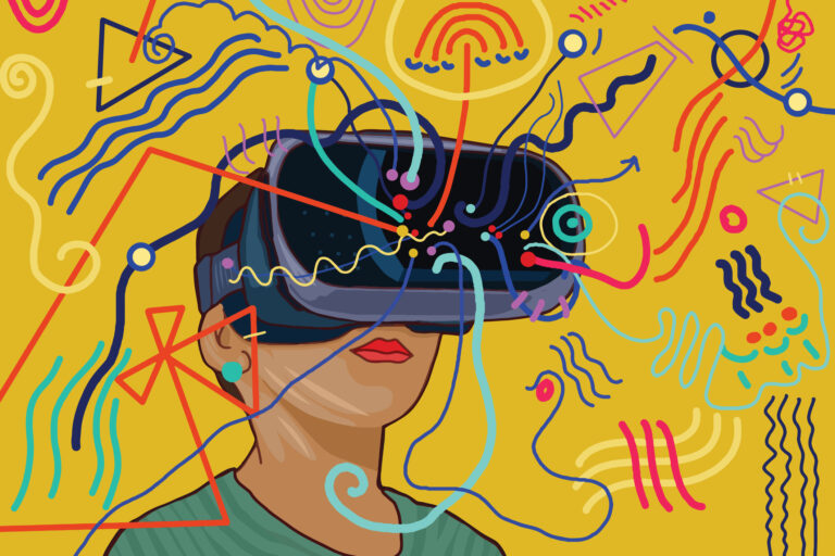 Illustration of woman wearing a virtual reality headset with colorful squiggles from it representing opportunity