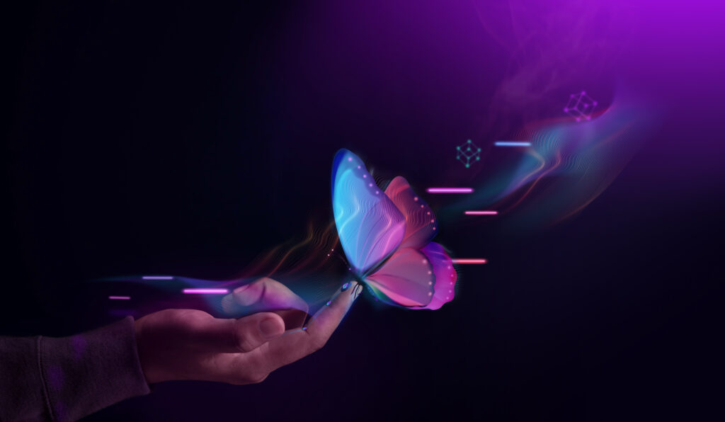 image of a white hand with a pixelated butterfly against a purple cyber-themed background