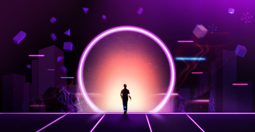 illustration of a man walking into a new world surrounded by purple cyber imagery