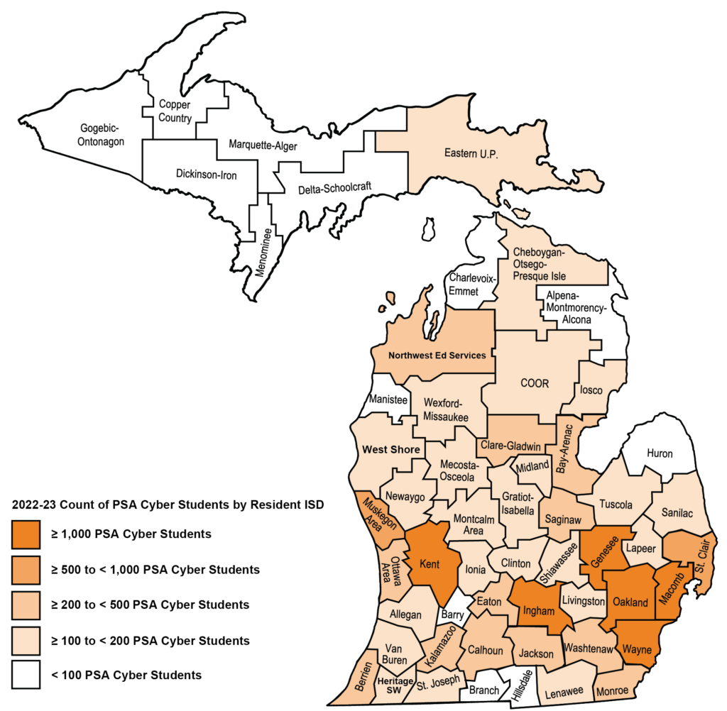 Map shows Michigan ISDs colored by the percentage of PSA cyber students by resident ISD. The majority of counties have less than 100 resident students who attend a PSA Cyber school. Counties with the highest percentage include Genesee, Ingham, Kent, Macomb, Oakland, and Wayne.