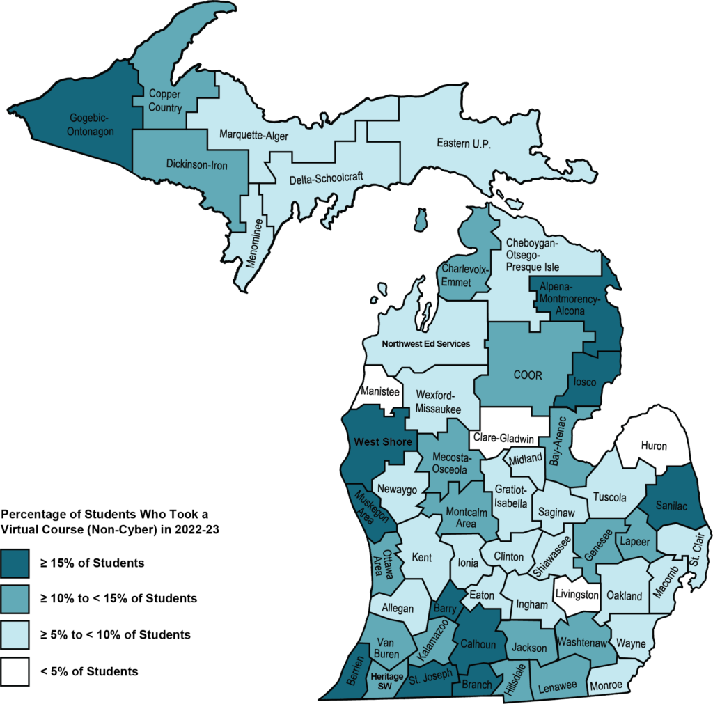 Map shows Michigan ISDs colored by the percentage of students who took at least one virtual course. All but four ISDs have some color of blue meaning they had at least 5% or more of their students take a virtual course (non-cyber) in 2022-23. In contrast, 11 ISDs had 15% or more of its students with virtual enrollments; see the preceding paragraph for more detail.