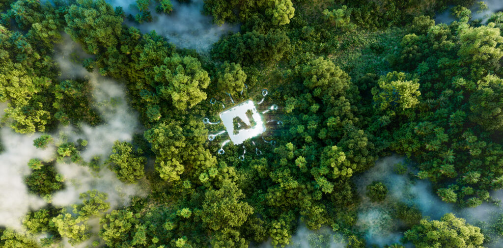 Aerial view of a forest with mist, centering on a glowing 'AI' platform, symbolizing the ecological implications of advancing artificial intelligence.