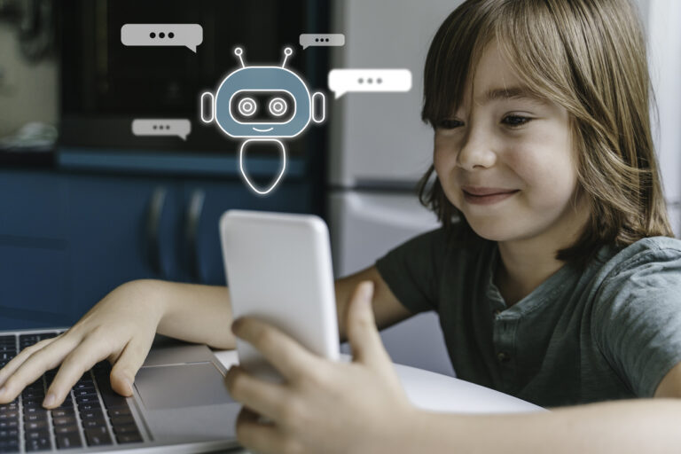Child using system AI Chatbot in computer or mobile application. Chatbot conversation, Ai Artificial Intelligence technology. OpenAI generate. Futuristic technology. Virtual assistant on internet.