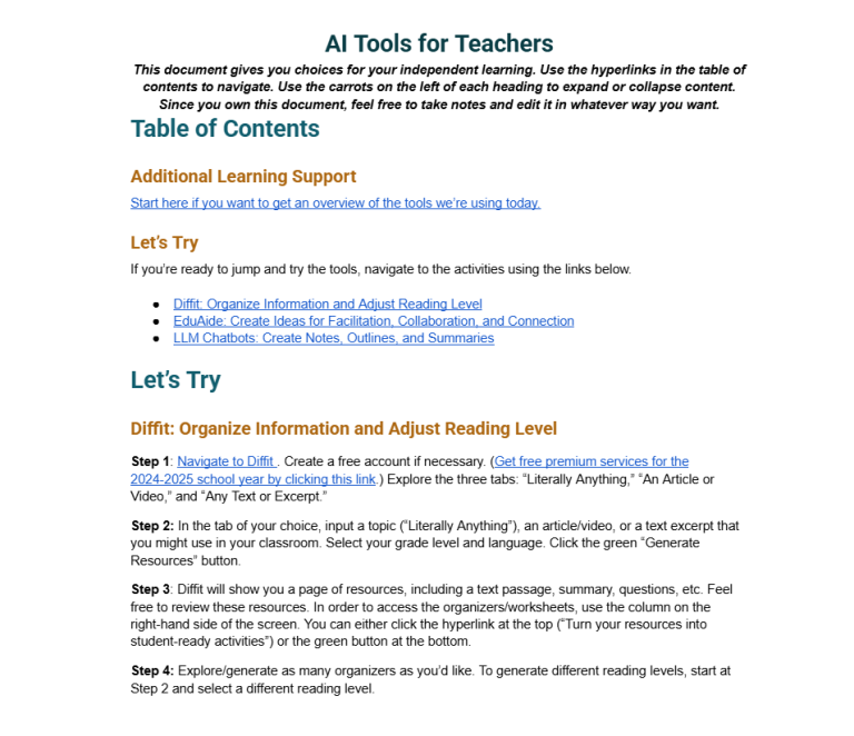 Screenshot of AI Tools for Teachers Google Doc